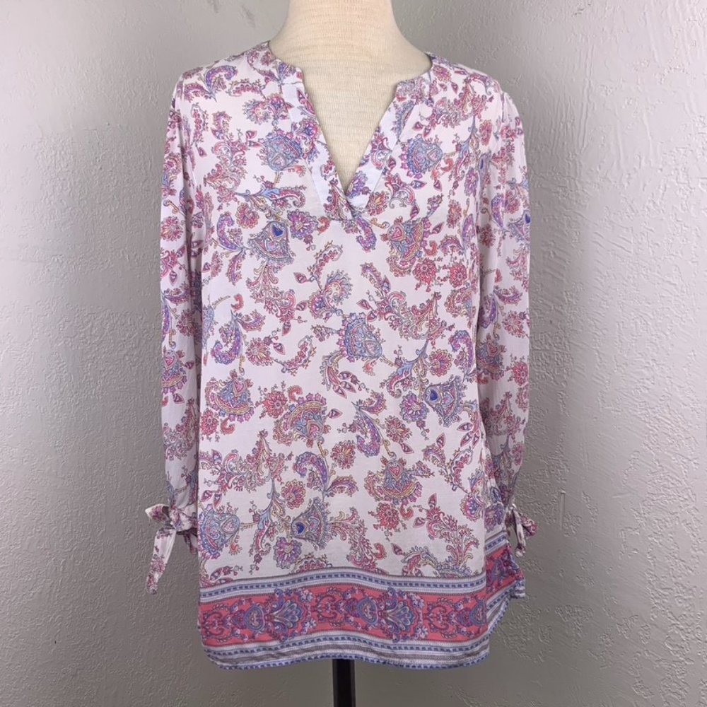 Adrienne VIttadini Light 3/4 Tie Sleeve Blouse Paisley Vneck Flowy Shirt, pink M